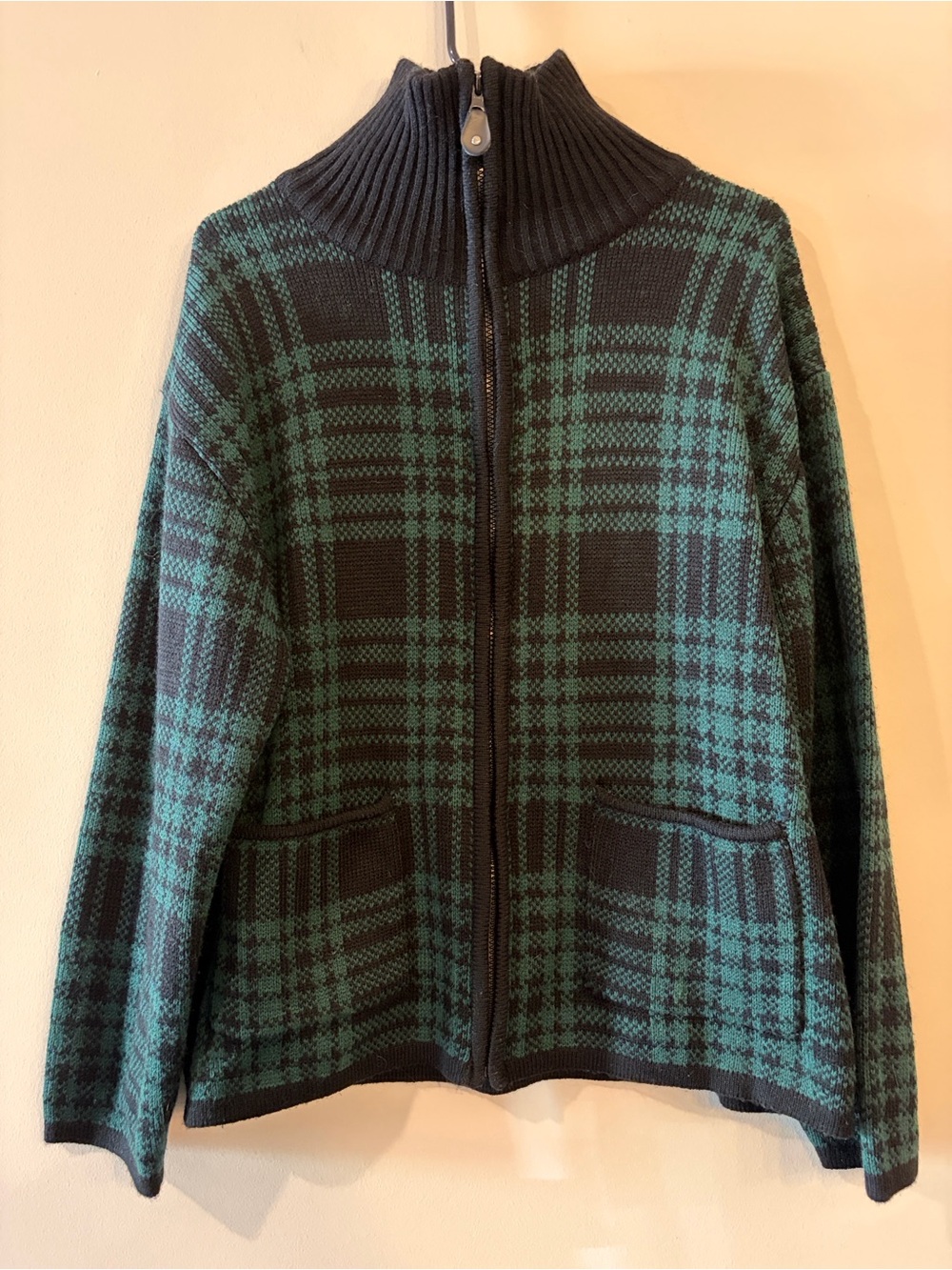 Tally Ho Zip-Up Mock Neck Sweater Jacket - Black & Green